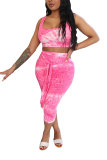 Pink Fashion Casual adult Patchwork Print Tie Dye Bandage Two Piece Suits pencil Sleeveless Two Pieces