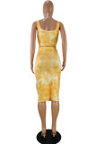 Yellow Fashion Casual adult Patchwork Print Tie Dye Bandage Two Piece Suits pencil Sleeveless Two Pieces