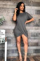 Grey Polyester Casual adult Sexy Fashion Short Sleeves O neck Pleated Mini Solid Draped asymmetrical 