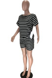 Jaune Fashion Active Striped Print Two Piece Suits Straight Short Sleeve Two Pieces
