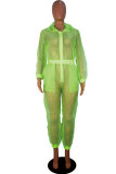 Green Sexy Fashion Patchwork Solid Mesh Long Sleeve V Neck Jumpsuits