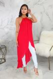 rose red Sexy Fashion Tank Sleeveless O neck Asymmetrical Ankle-Length Patchwork Solid asymmetrical