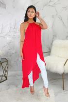 Red Polyester Sexy Fashion Tank Sleeveless O neck Asymmetrical Ankle-Length Patchwork Solid asymmetrical