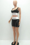 Black Fashion adult Ma'am Street Letter Patchwork Two Piece Suits Hip skirt Sleeveless Two Pieces