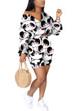 White Fashion adult Street Leopard Patchwork Print Character Two Piece Suits Straight Long Sleeve Two Pieces