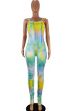Green Fashion Casual Tie-dyed Milk. Sleeveless Slip Jumpsuits