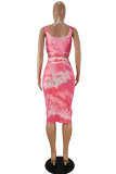 Pink Fashion Casual adult Patchwork Print Tie Dye Bandage Two Piece Suits pencil Sleeveless Two Pieces