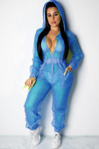 Blue Sexy Fashion Patchwork Solid Mesh Long Sleeve V Neck Jumpsuits