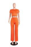 Orange Casual Fashion Slim fit crop top Solid Two Piece Suits Straight