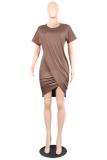Coffee Casual adult Sexy Fashion Short Sleeves O neck Pleated Mini Solid Draped asymmetrical