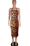Leopard print Fashion Sexy Leopard print Camouflage serpentine Spaghetti Strap Sleeveless Slip Step Skirt Mid-Calf Print Dresses