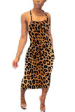 Camouflage Fashion Sexy Leopard print Camouflage serpentine Spaghetti Strap Sleeveless Slip Step Skirt Mid-Calf Print Dresses
