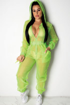 Grön Sexig Mode Patchwork Solid Mesh Långärmad V-hals Jumpsuits