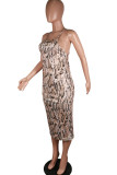 ヒョウ柄ファッションセクシーなヒョウ柄迷彩蛇紋岩スパゲッティストラップノースリーブスリップステップスカートミッドカーフプリントドレス