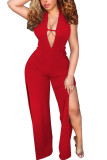 Macacão vermelho moda casual sem manga com decote em V