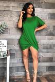 Green Casual adult Sexy Fashion Short Sleeves O neck Pleated Mini Solid Draped asymmetrical