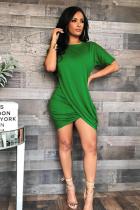 Grün Lässig für Erwachsene Sexy Mode Kurze Ärmel O-Ausschnitt Plissee Mini Solide Drapiert asymmetrisch