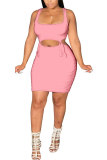 Pink Fashion Sexy adult Patchwork Solid Bandage asymmetrical Two Piece Suits HOLLOWED OUT pencil Sleeveless Two Pieces