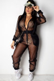 rose red Sexy Fashion Patchwork Solid Mesh Long Sleeve V Neck Jumpsuits