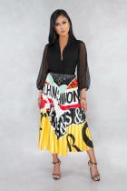 Yellow Elastic Fly Mid Print Patchwork Draped Pleated skirt Capris Skirts