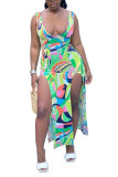 veelkleurige mode sexy volwassen veelkleurige tank mouwloze v-hals asymmetrische mid-kalf print patchwork split asymmetrische jurken