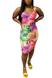 colour Fashion Casual colour Spaghetti Strap Sleeveless Slip Step Skirt Knee-Length Hand-painted Print Dresses