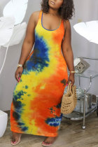 Orange FashionOff The Shoulder Sleeveless O neck Step Skirt Ankle-Length Print Patchwork Tie and dye Dresses