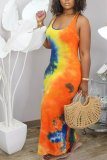 Orange FashionOff The Shoulder Sleeveless O neck Step Skirt Ankle-Length Print Patchwork Tie and dye Dresses