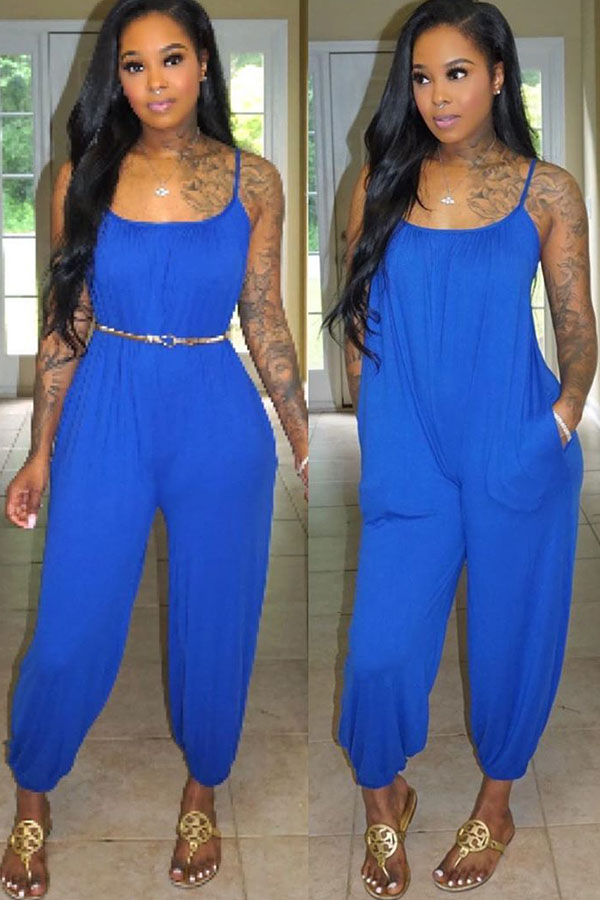 

Blue Fashion Sexy Solid Polyester Sleeveless Slip Jumpsuits