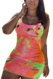 couleur Fashion Sexy trou Tie and dye O Neck Step Jupe Robes