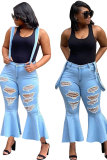 Light Blue Bib pants Sleeveless Mid Patchwork Solid Hole Old Boot Cut Pants Flare Leg Distressed Ripped Denim Jeans Bottoms