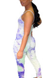 White and blue Fashion street Tie-dyed Draped Sleeveless Slip Jumpsuits
