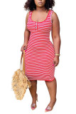Red Fashion adult Lightly cooked Red Black Yellow Tank Sleeveless O neck Pencil Dress Knee-Length Striped Print Patchwork Dresses