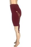 Wine Red Black Blue Wine Red Zipper Fly Mid Solid bandage Hooded Out Straight Capris Bottoms