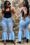 Light Blue Bib pants Sleeveless Mid Patchwork Solid Hole Old Boot Cut Pants Flare Leg Distressed Ripped Denim Jeans Bottoms