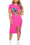 ピンク ファッション カジュアル レッド ブラック ブルー ピンク イエロー キャップ スリーブ 半袖 O ネック ペンシル ドレス ミッドカーフ プリント ドレス