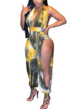 Yellow Fashion Sexy Print Patchwork Tie-dyed Backless Hollow Split Sleeveless Hanging neck Jumpsuits