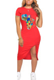 Pink Fashion Casual Red Black Blue Pink Yellow Cap Sleeve Short Sleeves O neck Pencil Dress Mid-Calf Print Dresses