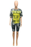 Black Fashion adult Street Letter Patchwork Print Two Piece Suits Straight Short Sleeve Two Pieces