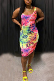 colour Fashion Casual colour Spaghetti Strap Sleeveless Slip Step Skirt Knee-Length Hand-painted Print Dresses