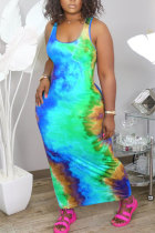 Blue Fashion Rainbow Sleeveless O neck Step Skirt Ankle-Length Print Patchwork Tie and dye Off The Shoulder Tank Bodycon Maxi Dress