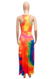 Blue FashionOff The Shoulder Sleeveless O neck Step Skirt Ankle-Length Print Patchwork Tie and dye Dresses