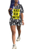 Black Fashion adult Street Letter Patchwork Print Two Piece Suits Straight Short Sleeve Two Pieces