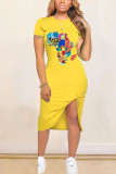 Blue Fashion Casual Red Black Blue Pink Yellow Cap Sleeve Short Sleeves O neck Pencil Dress Mid-Calf Print Dresses
