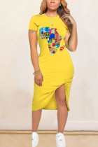 Желтое модное повседневное красное, черное, синее, розовое, желтое, с короткими рукавами и круглым вырезом, платье-карандаш, платья до середины икры с принтом