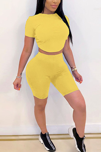 Yellow Casual Solid Two Piece Suits pencil Short Sleeve Two Pieces