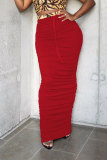 Rojo Negro Gris Cordón Sin mangas Alto Patchwork Sólido vendaje Una línea falda Pantalones Partes de abajo