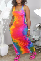 Pink Fashion Rainbow Sleeveless O neck Step Skirt Ankle-Length Print Patchwork Tie and dye Off The Shoulder Tank Bodycon Maxi Dress