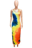 Blue FashionOff The Shoulder Sleeveless O neck Step Skirt Ankle-Length Print Patchwork Tie and dye Dresses