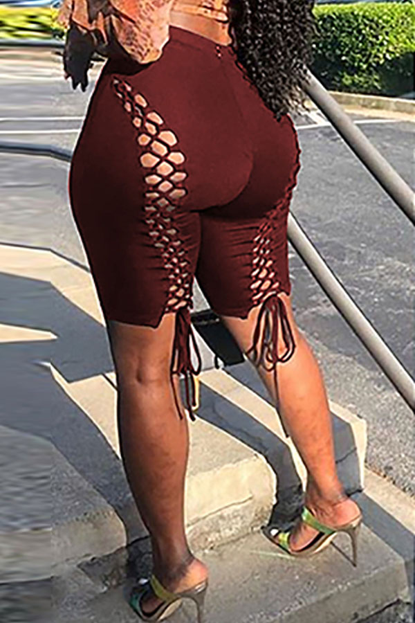 

Wine Red Black Blue Wine Red Polyester Zipper Fly Mid Solid bandage Hooded Out Straight Capris Bottoms